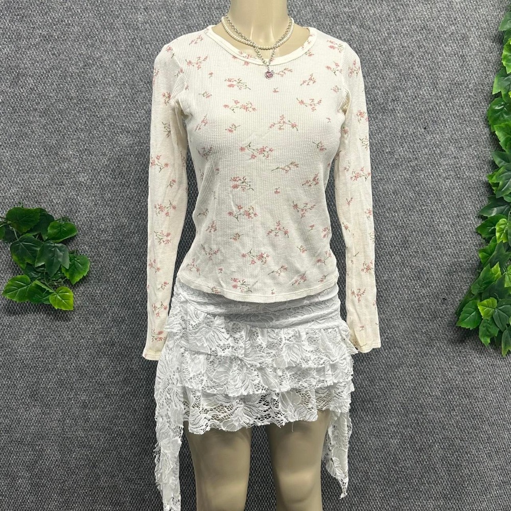 Brandy Melville Floral Waffle Knit Long-Sleeve Top